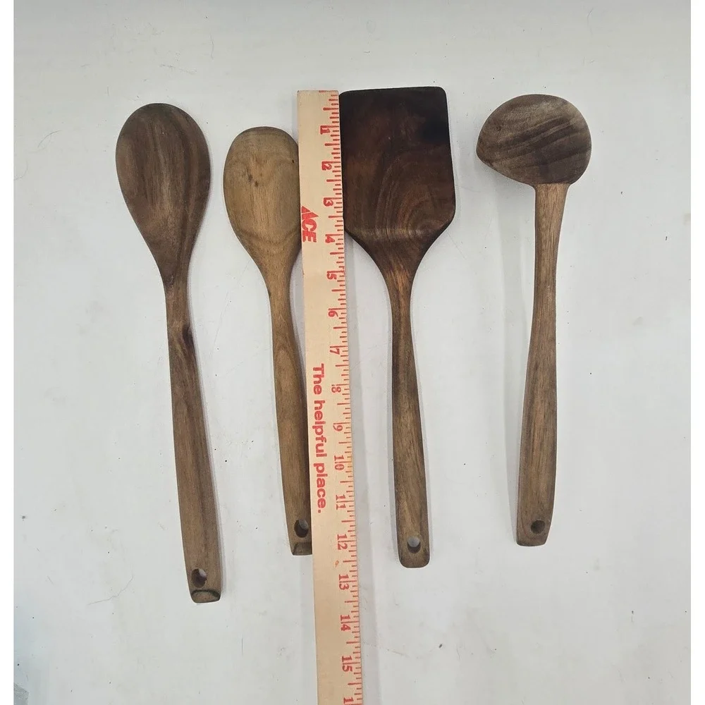 Our Table 4 Piece Acacia Wood Kitchen Utensil Set Spatula Spoon Ladle Brown